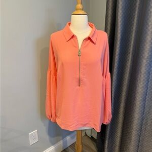 Michael Kors Coral/Grapefruit Zippered Silk-like Blouse  NWT!